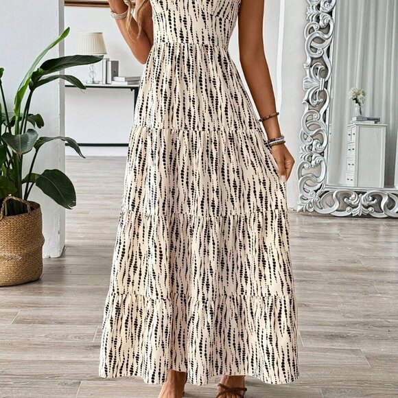 Apricot Boho Women's Belted Spaghetti Strap Patchwork Dress - Picture 5 of 6